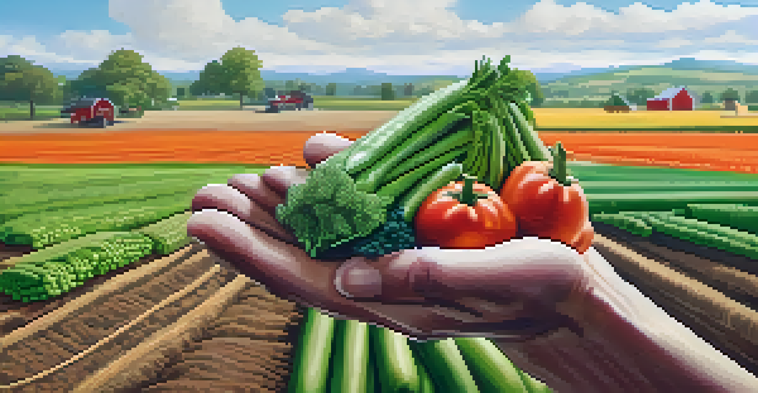 Close-up of a farmer's hands holding fresh vegetables, with modern farming technology visible in the background.