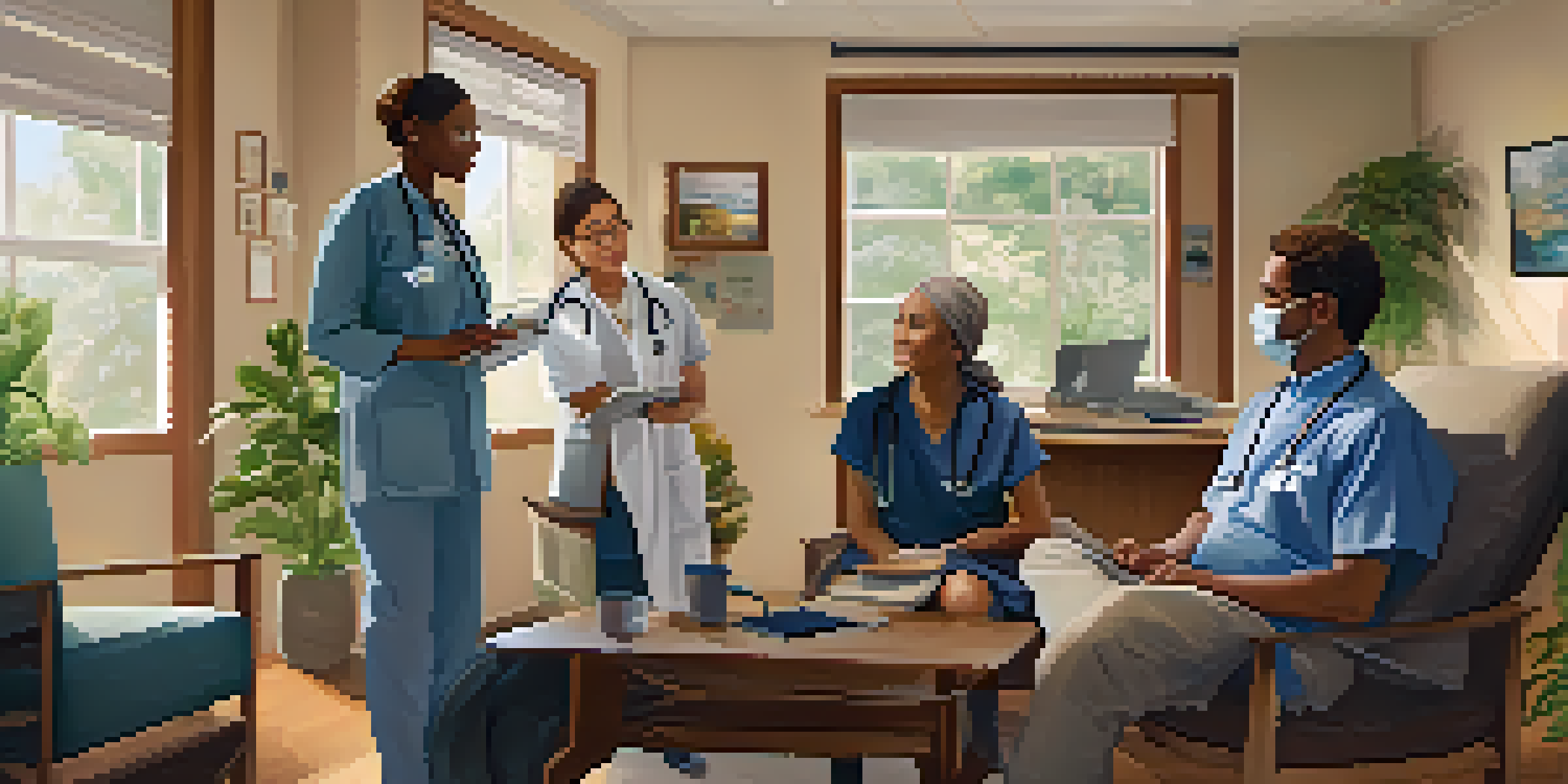 A diverse group of patients in a cozy room, engaging in telehealth consultations with healthcare providers on a screen.