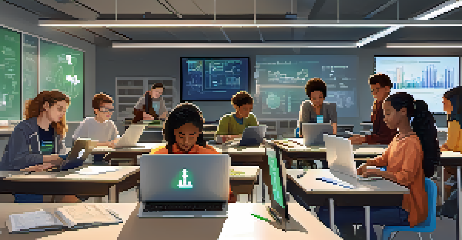A group of diverse students working together on a STEM project in a tech-filled classroom, showcasing teamwork and innovation.