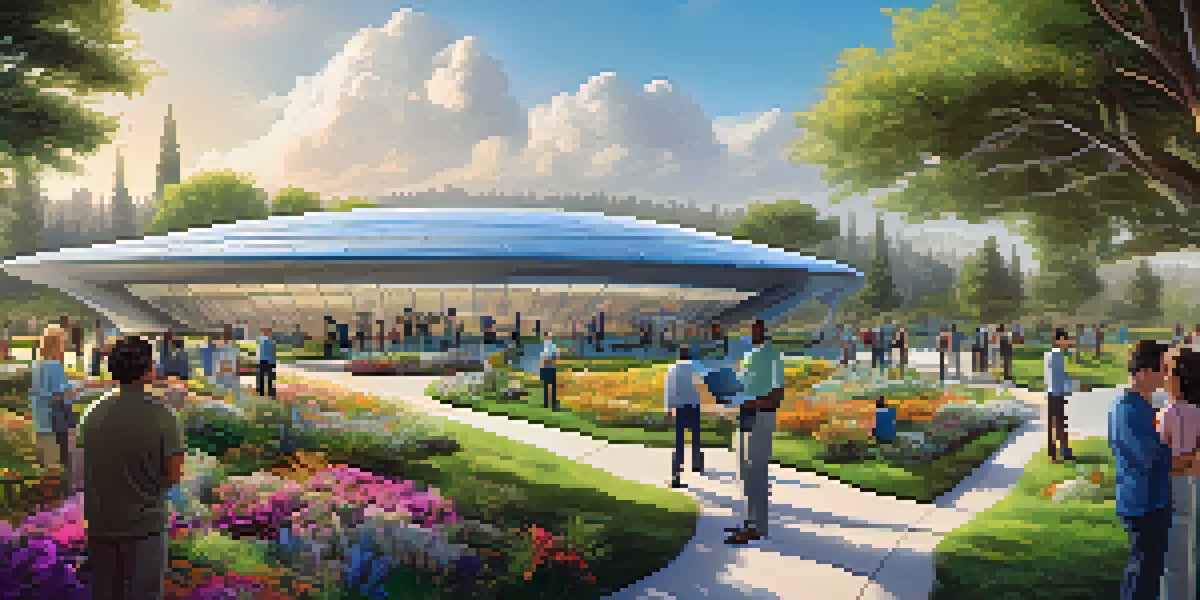 A panoramic view of a Silicon Valley campus with engineers and scientists collaborating on a space model under a blue sky.