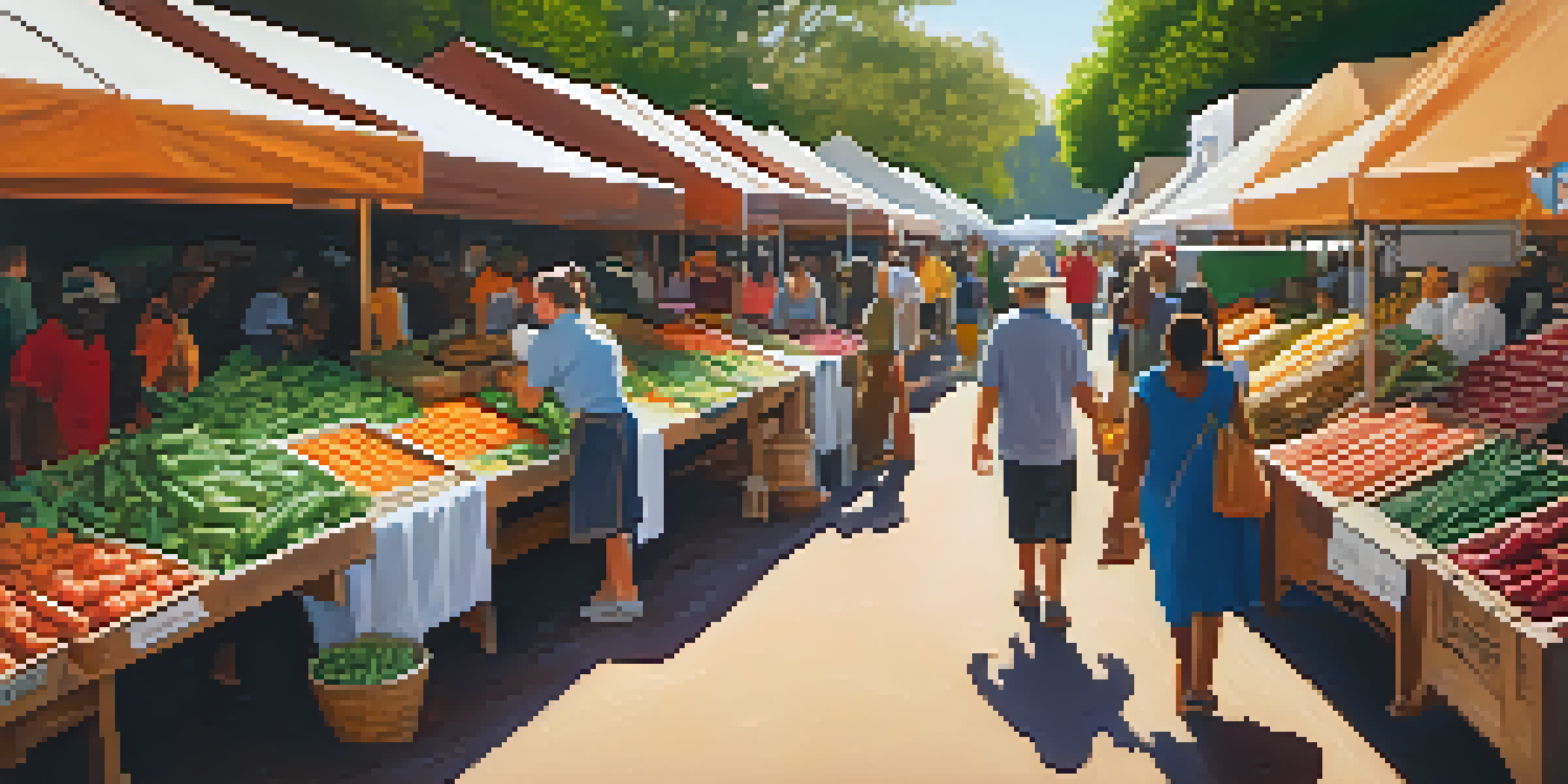 A lively farmers' market in California filled with colorful produce and diverse people interacting with vendors under sunlight.