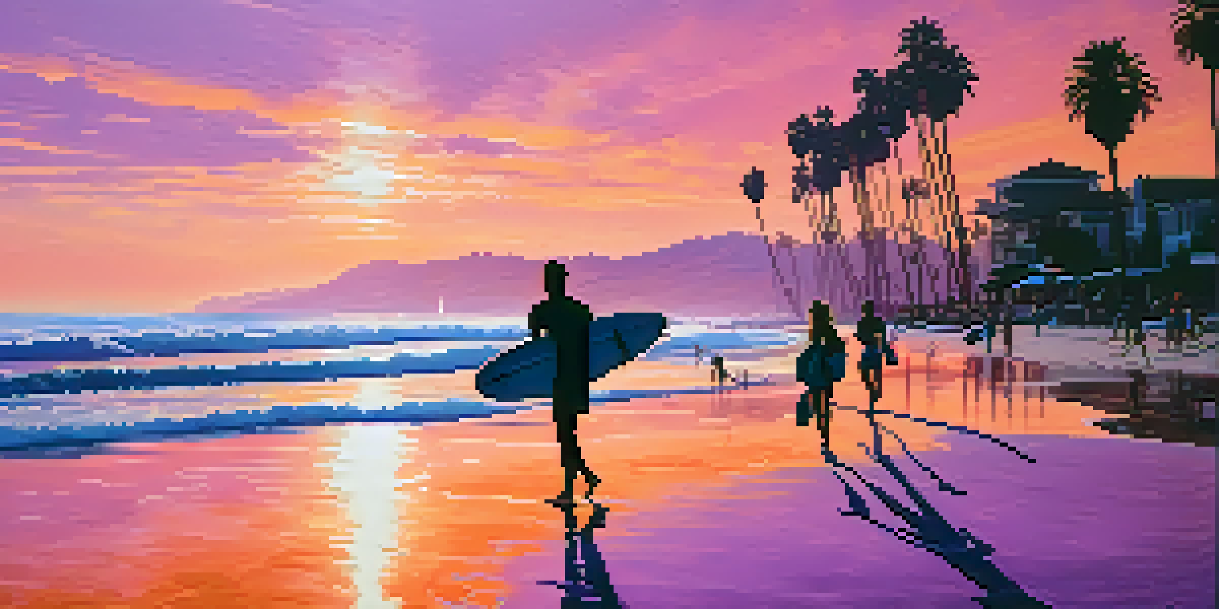 A colorful sunset over a California beach with surfers and palm trees.