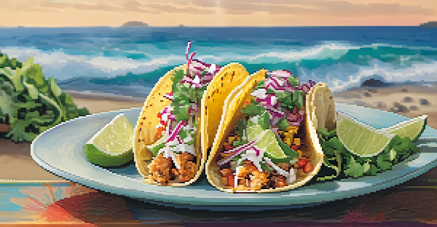 A plate of freshly made fish tacos with cabbage and salsa on a beach, with ocean waves in the background.