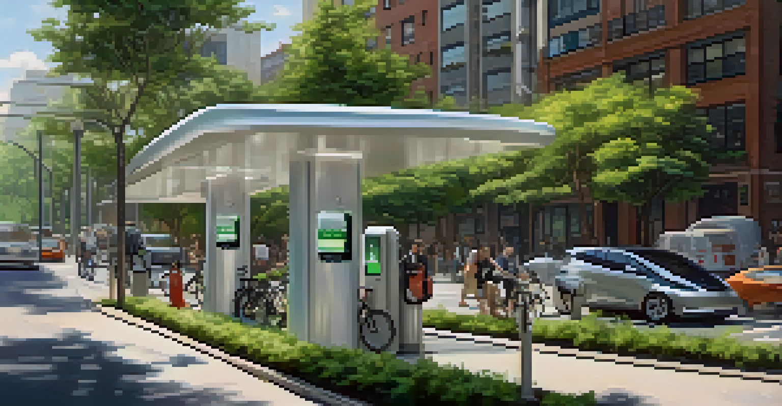 A modern electric vehicle charging station in an urban setting, surrounded by greenery and people on bicycles.