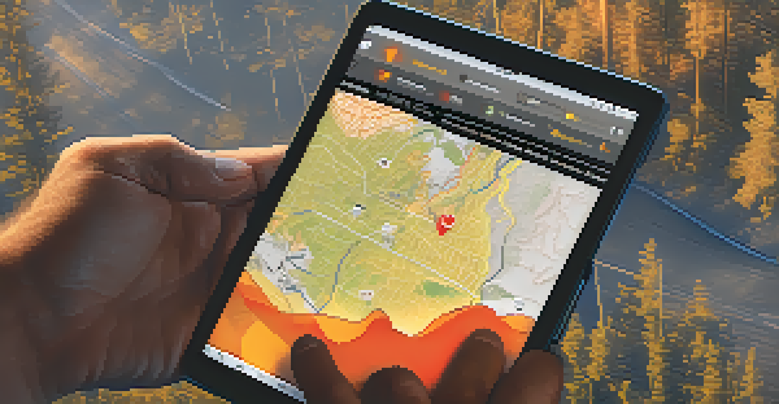 A firefighter examining a digital device that displays a map of wildfire risks, with a dry forest area in the background.