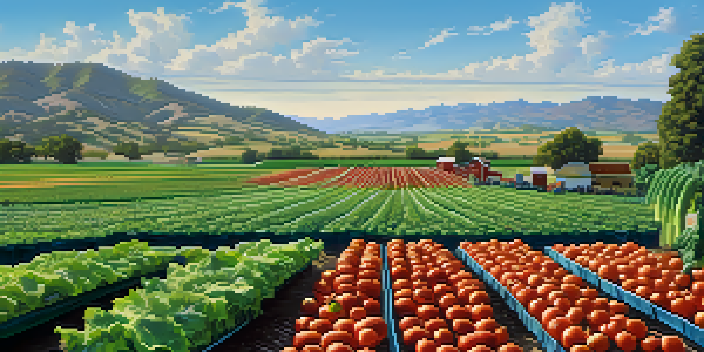 A farmer practicing sustainable farming in a colorful California landscape with diverse crops and a drip irrigation system.