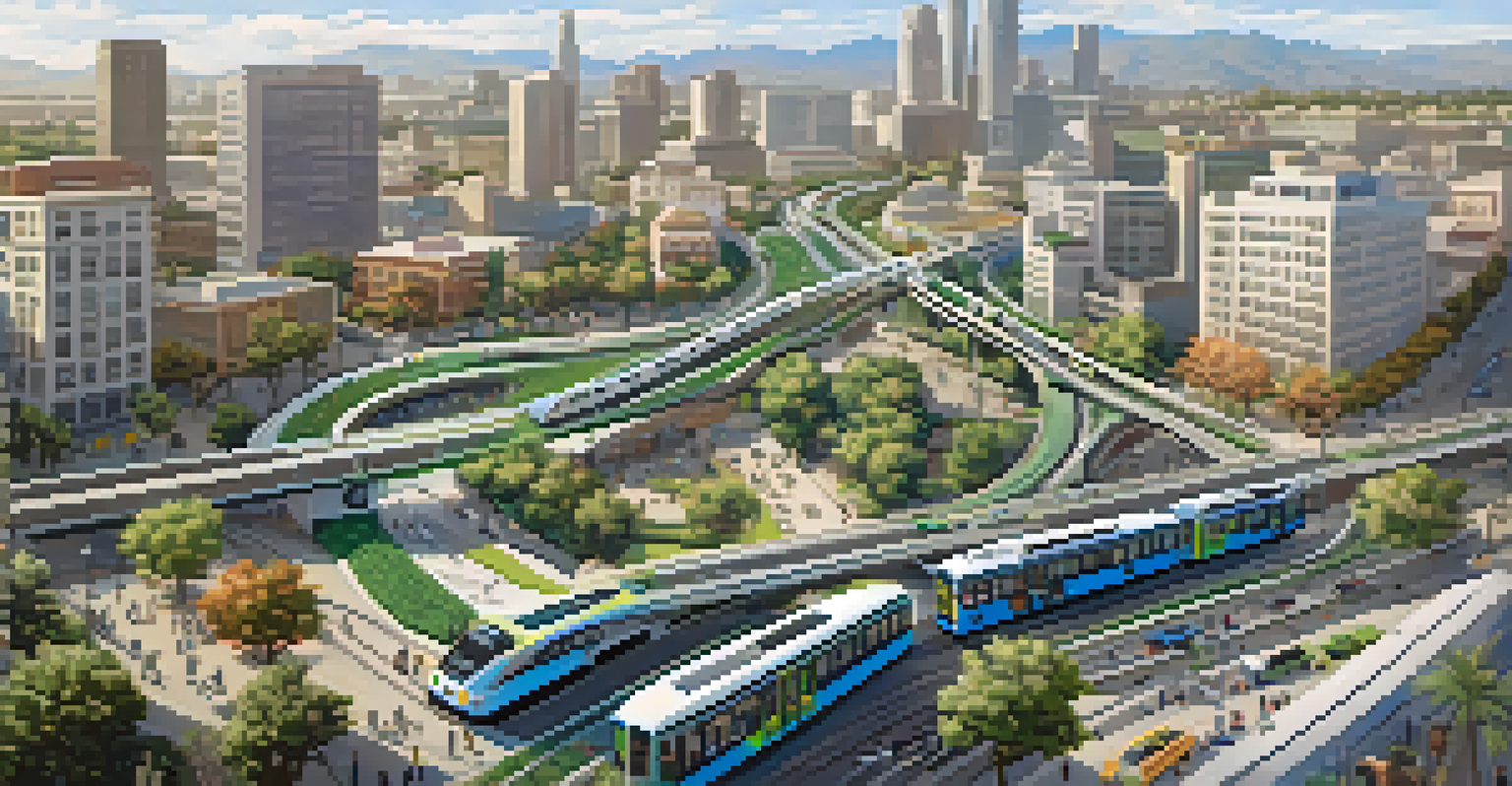 An aerial view of a California city demonstrating an integrated public transit system with buses, trains, and bike lanes amidst modern buildings and green spaces.