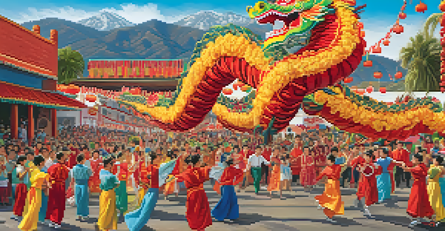 A vibrant scene depicting cultural festivals in California, featuring a Chinese New Year dragon dance alongside a Mexican fiesta.