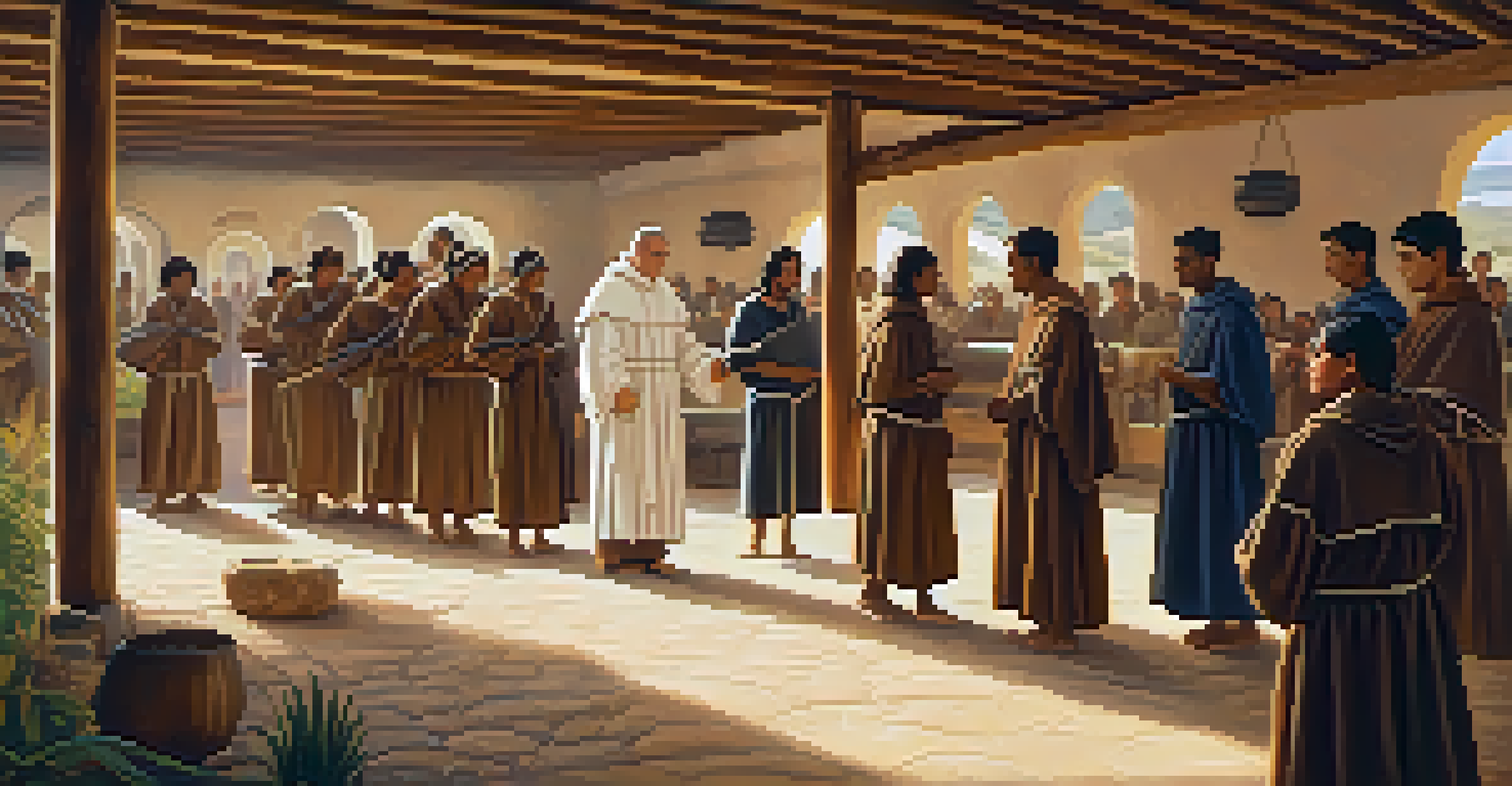 Junipero Serra teaching Indigenous people about farming inside a mission, with warm sunlight and traditional tools in the background.