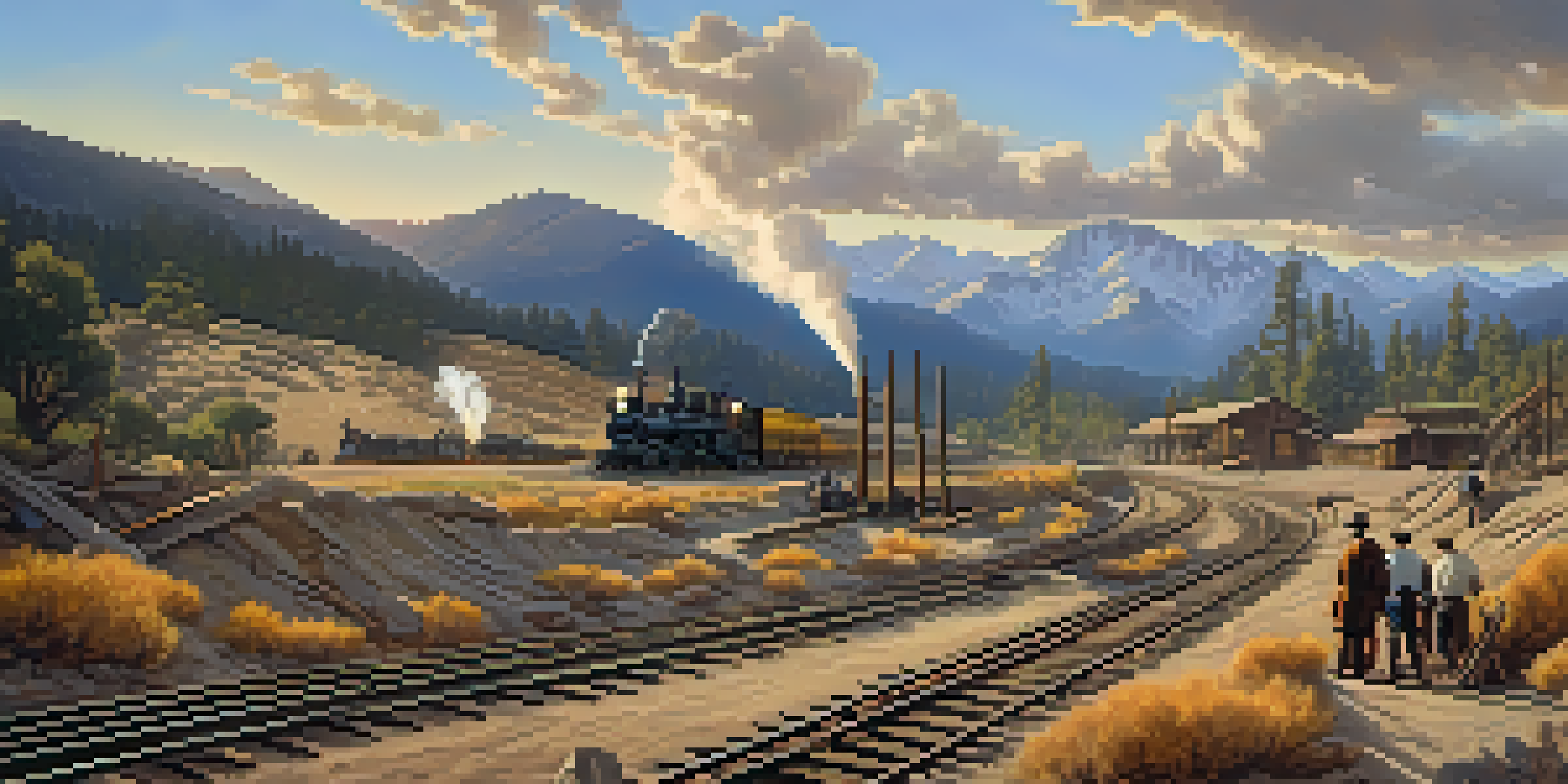 A historic railroad construction site in California with workers laying tracks, Sierra Nevada mountains in the background, and a steam locomotive in the distance.