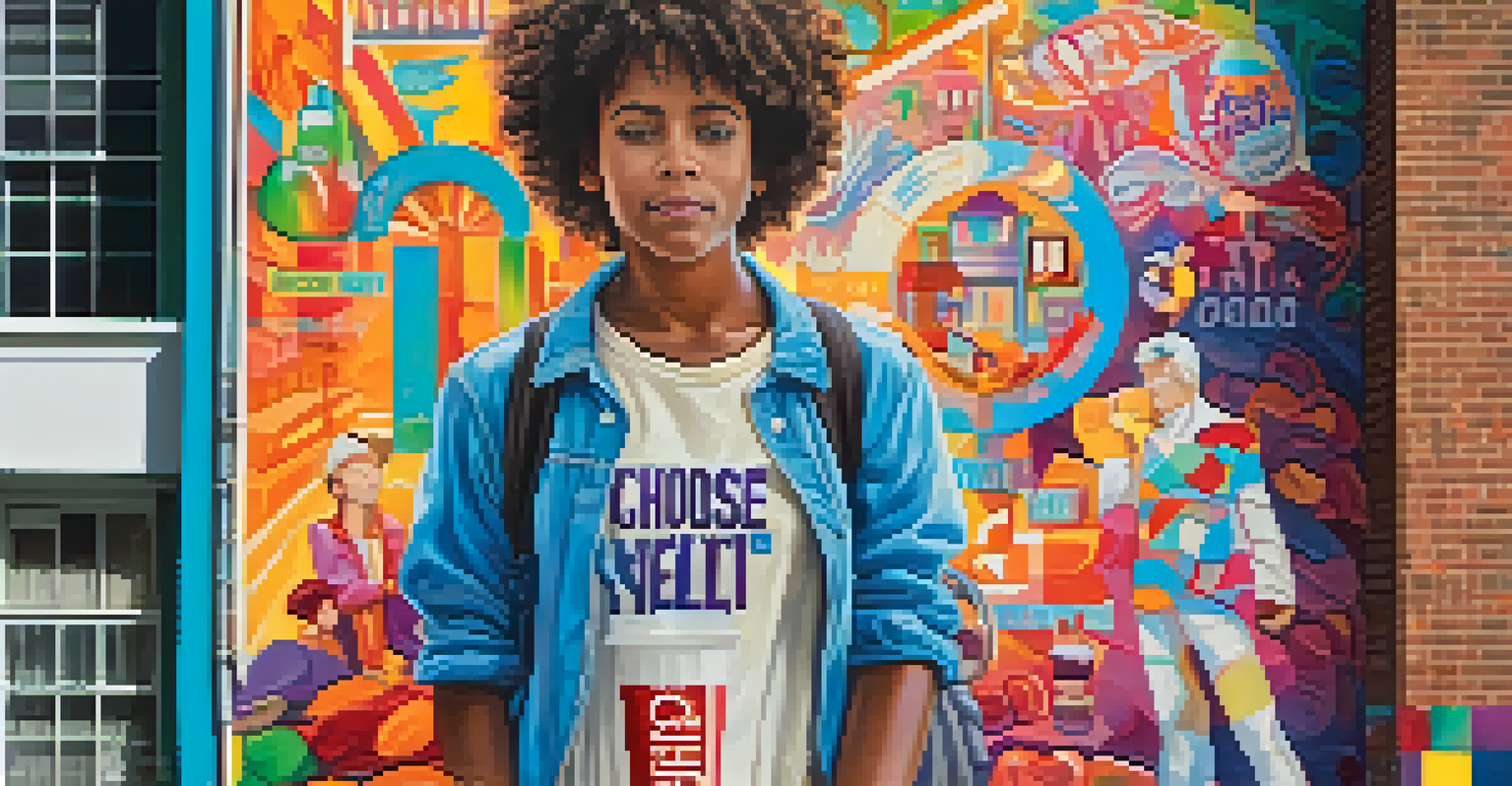 A young person holding a sign about choosing health over tobacco in front of a colorful mural promoting healthy living.
