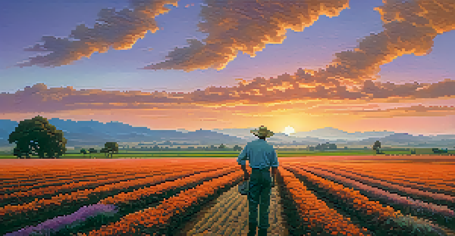 A sunset view of California's Central Valley with fields of crops and a farmer tending to them, set against a colorful sky.