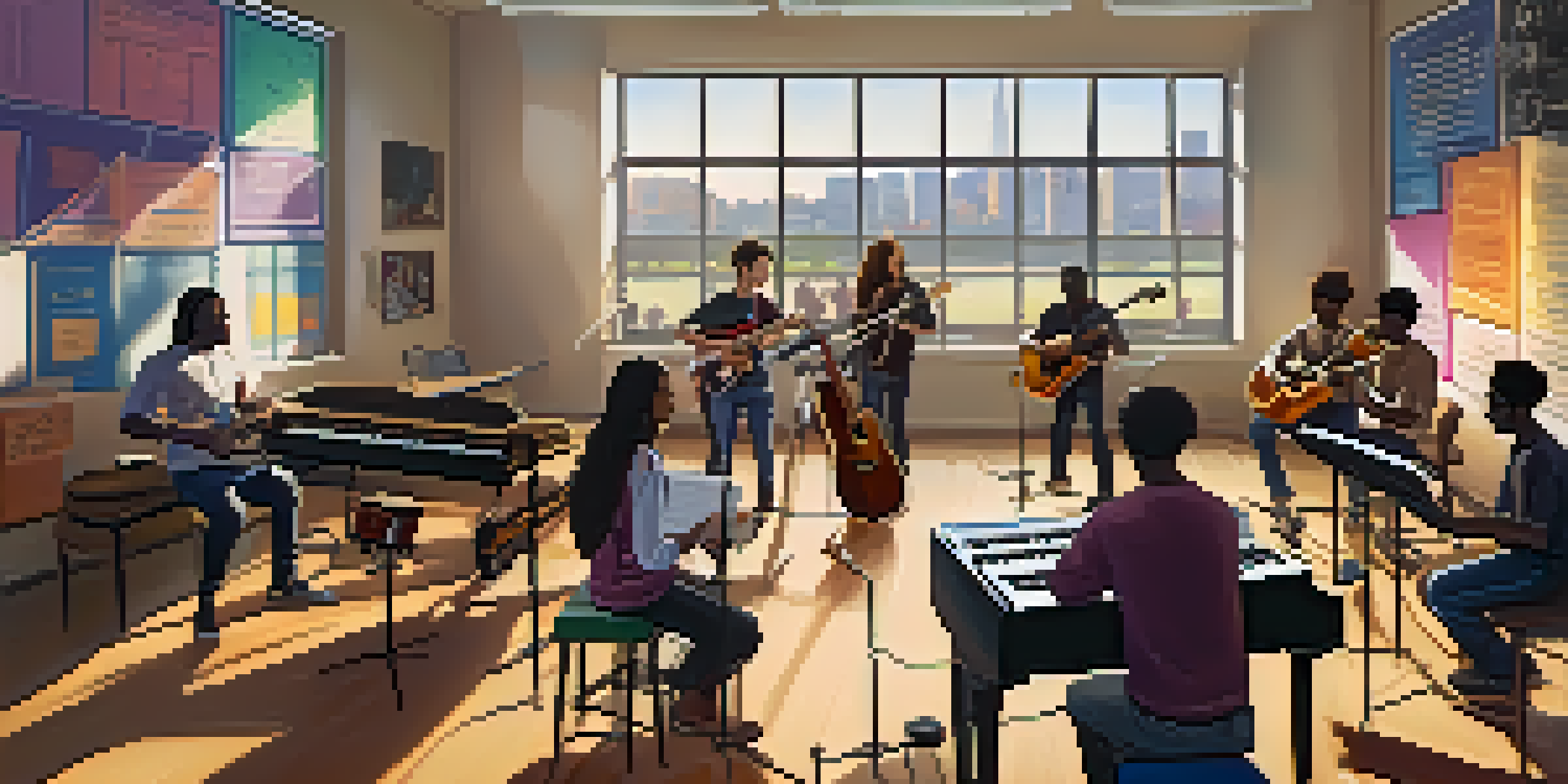 A lively music classroom with diverse students learning together, surrounded by various musical instruments and bright sunlight.
