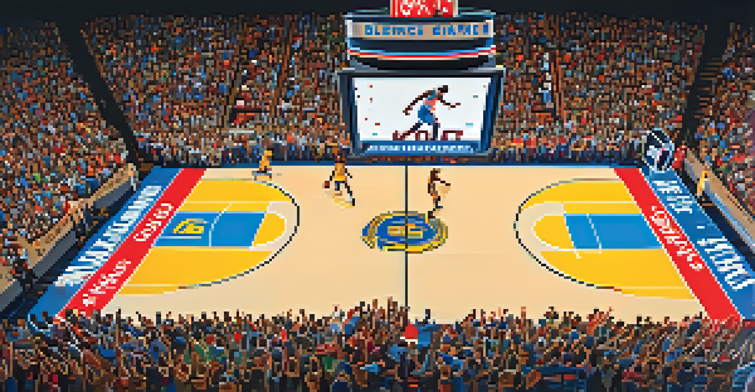 An energetic basketball game in California's arena, with players in action and enthusiastic fans cheering.