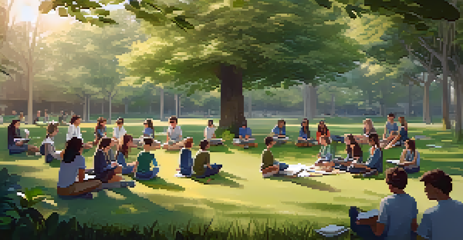 Students outdoors discussing their individual learning plans in a serene and collaborative environment.