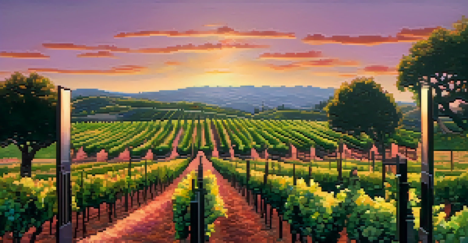 A vineyard landscape at sunset with rolling hills and an art installation made from recycled materials, showcasing creativity in nature.