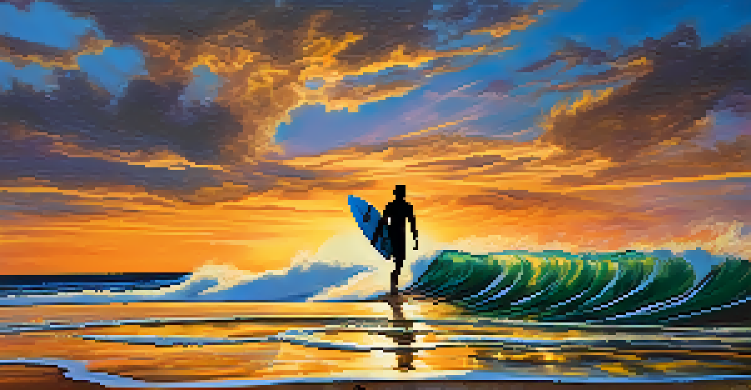 A silhouette of a surfer against a colorful ocean backdrop during sunset, capturing the essence of surfing.