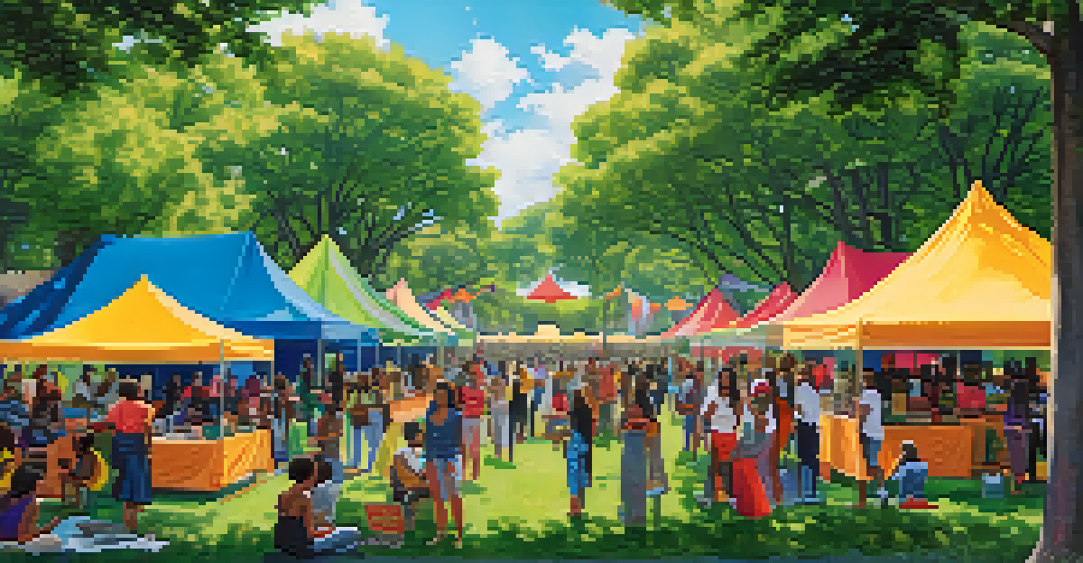 A community gathering in a park with women of diverse backgrounds discussing activism, surrounded by colorful tents and greenery.