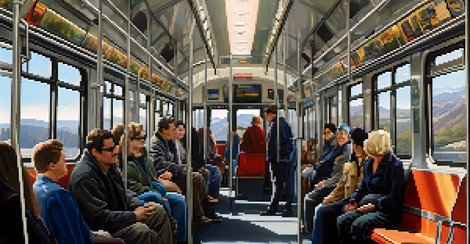 The interior of a public transit train highlighting accessibility features such as designated seating and handrails, filled with passengers and brightened by large windows.