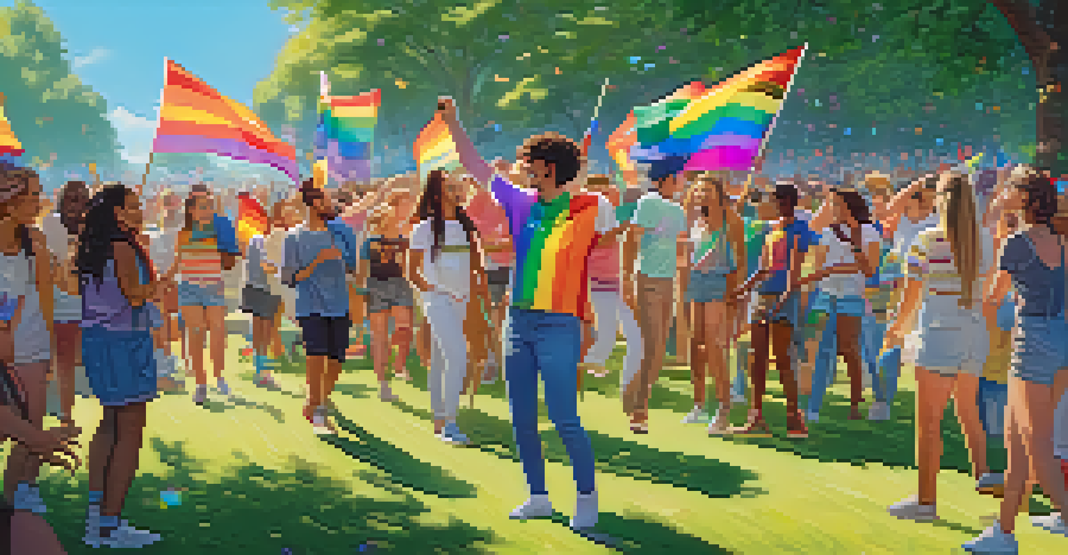 LGBTQ+ youth celebrating at a Pride event in a park, with rainbow flags and a joyful atmosphere.