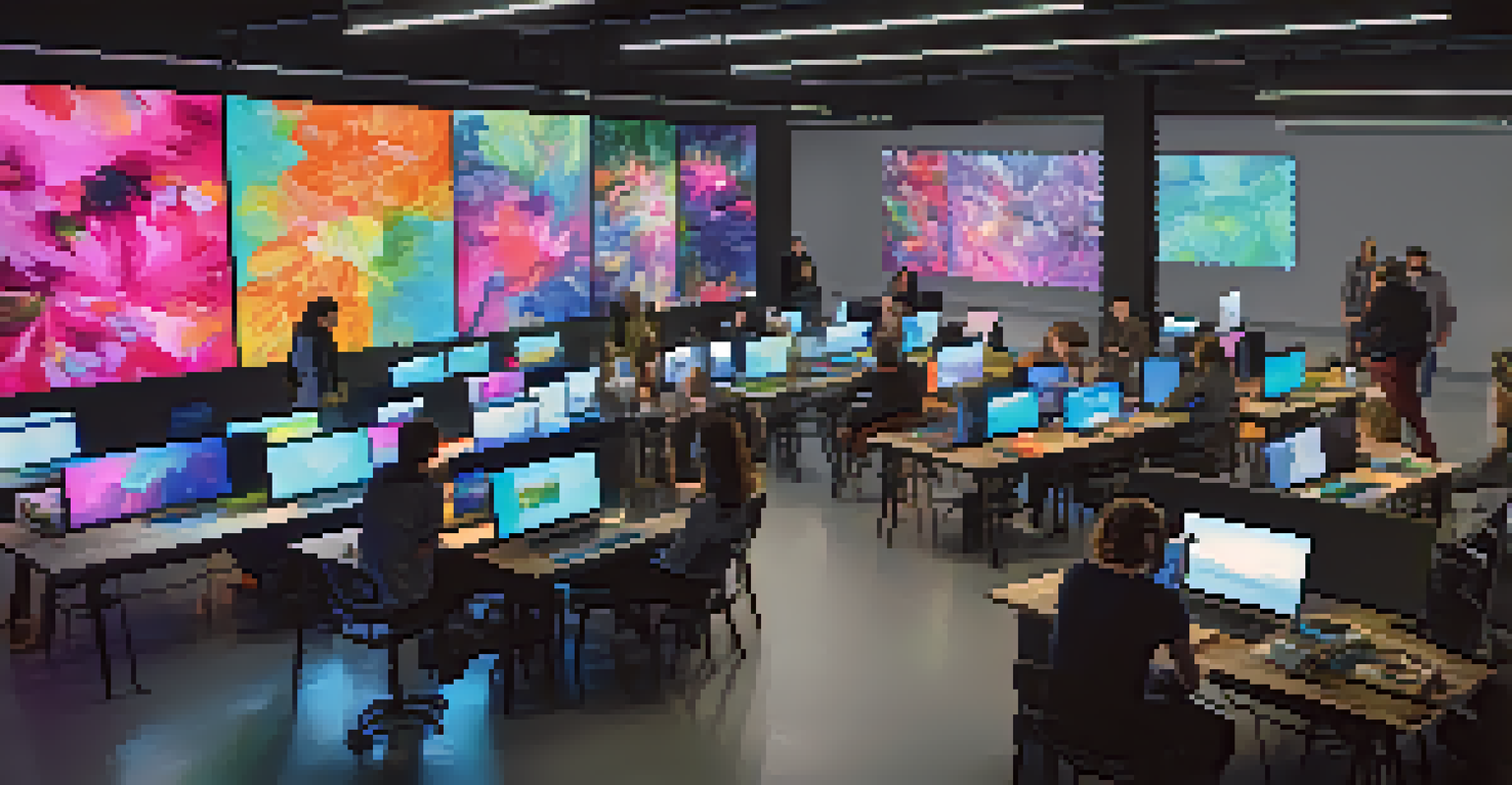 A modern studio scene of a contemporary art collective using digital technology, with artists collaborating on interactive installations.