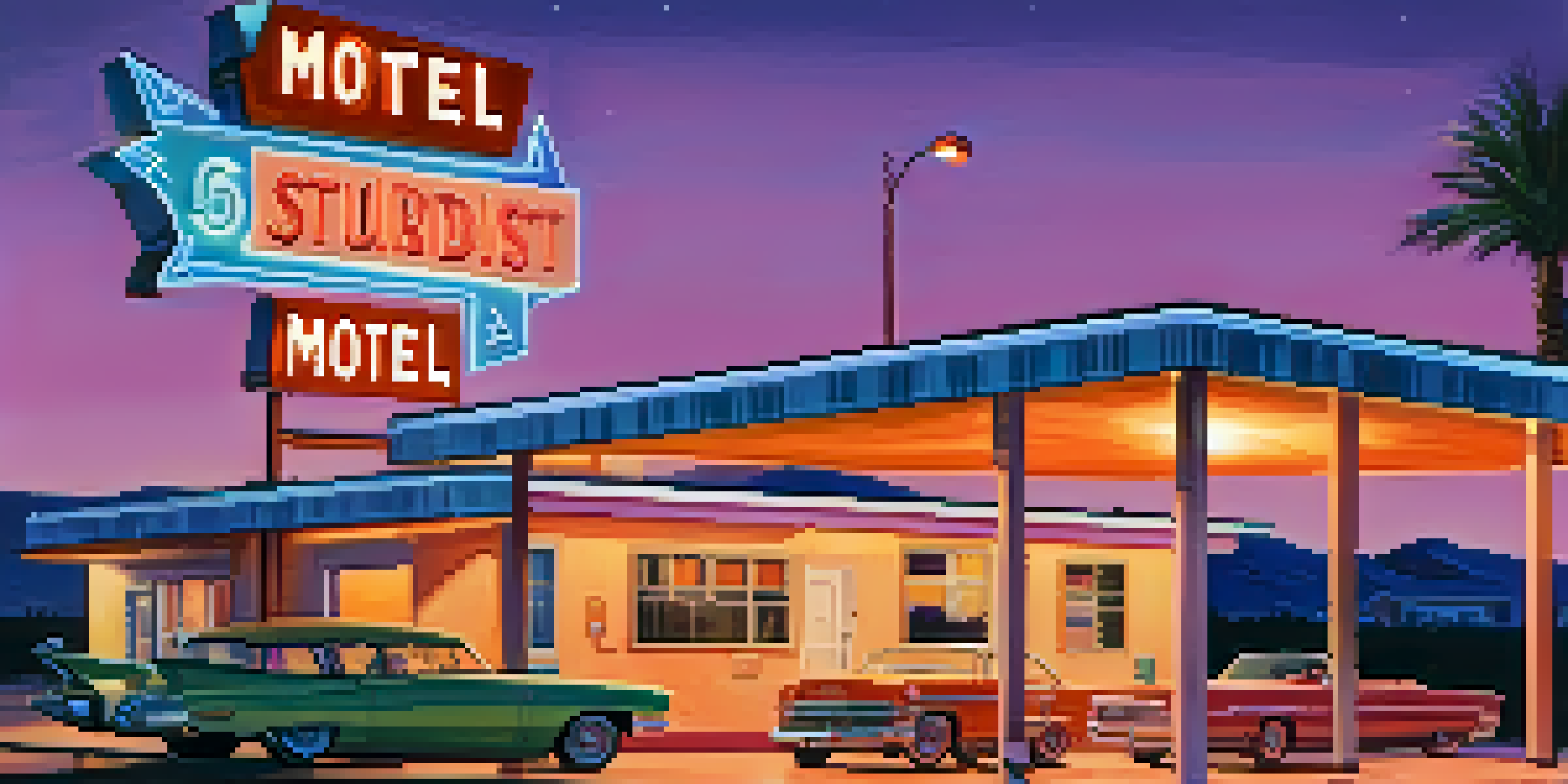 A vintage motel with retro signage and a swimming pool, set against a colorful sunset sky.