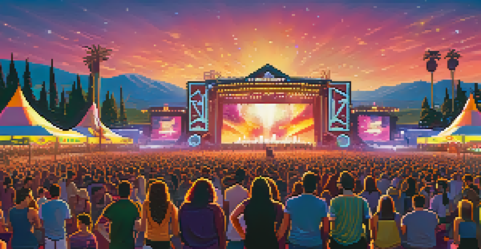 A contemporary California music festival showcasing an electronic dance music performance, with colorful lights, food trucks, and a vibrant crowd.