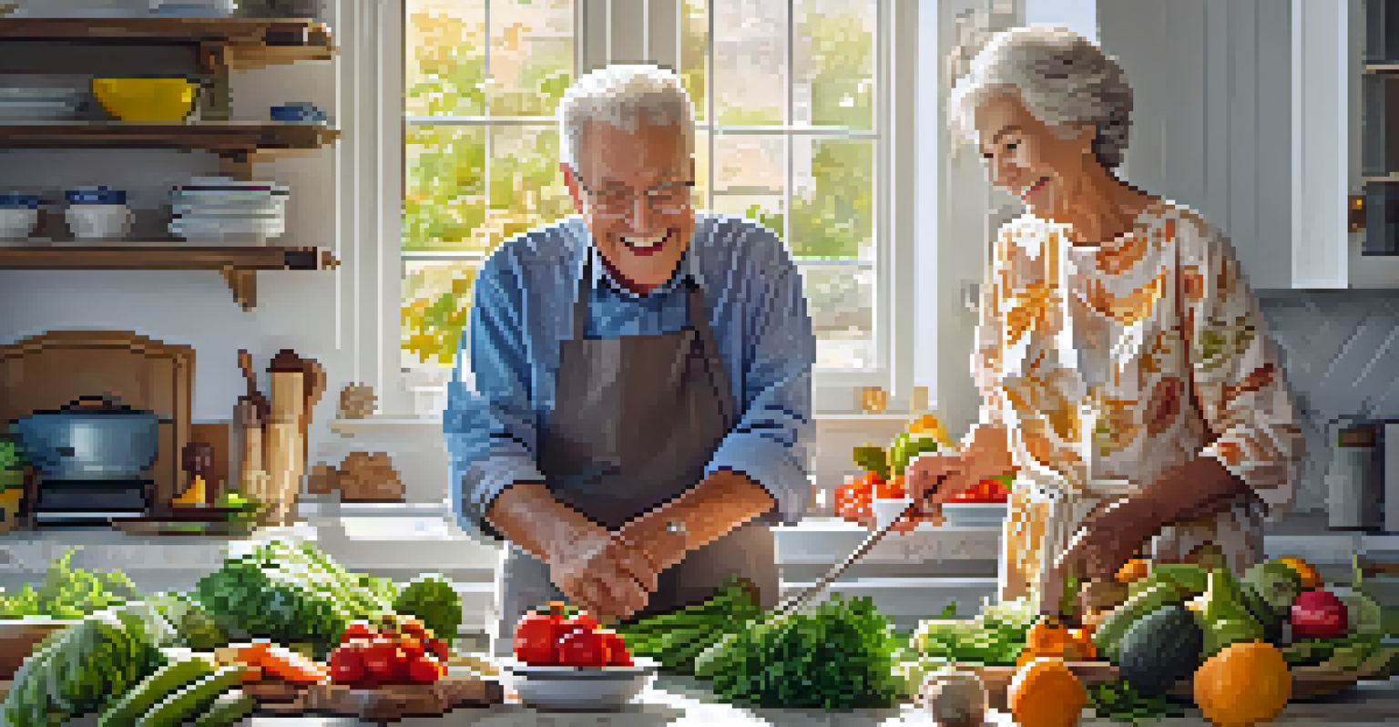 An elderly couple cooking a healthy meal in a bright kitchen, surrounded by fresh ingredients and sunlight.