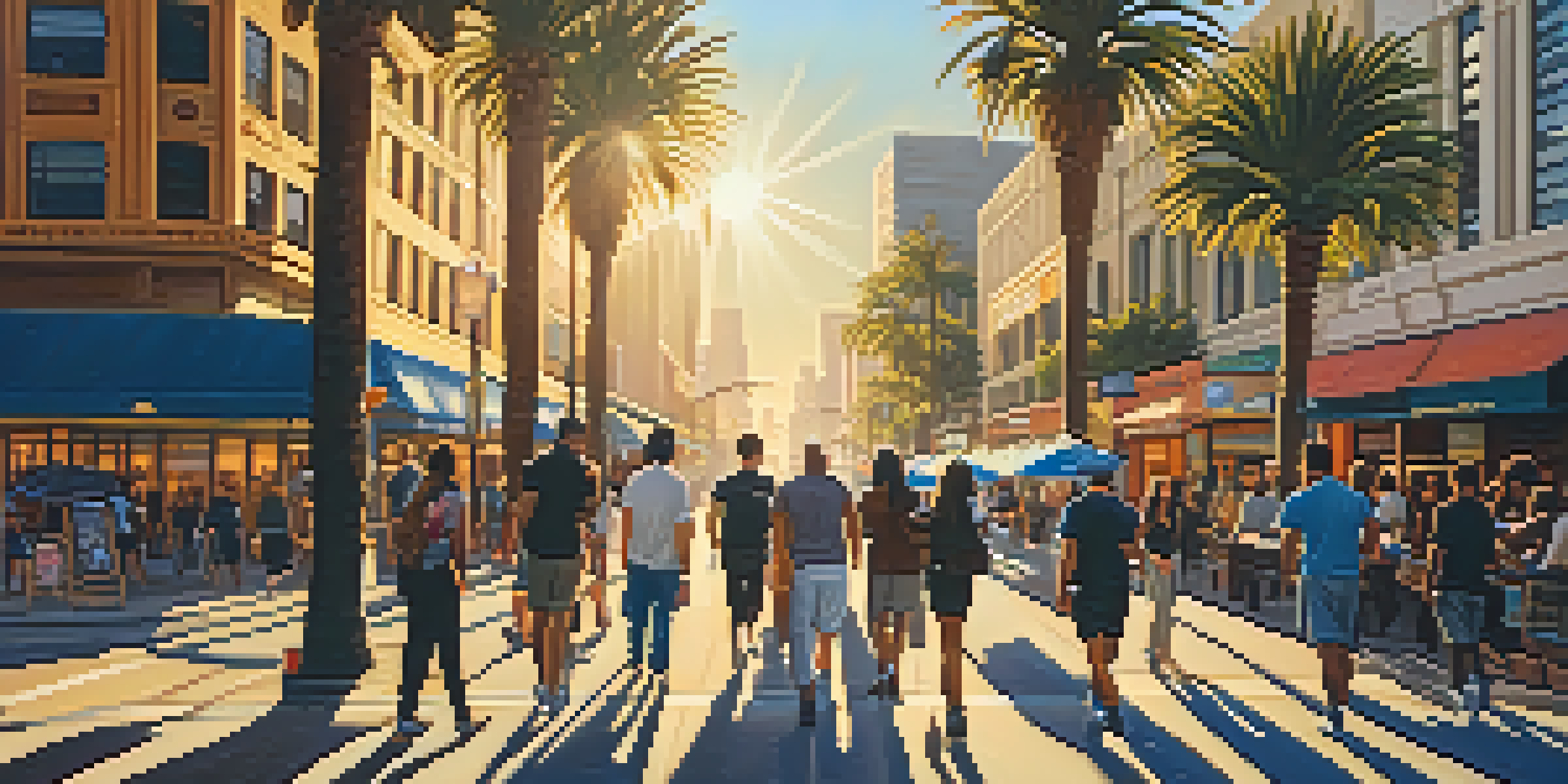 A busy street in downtown Los Angeles at sunset, filled with people and palm trees, with buildings bathed in golden light.