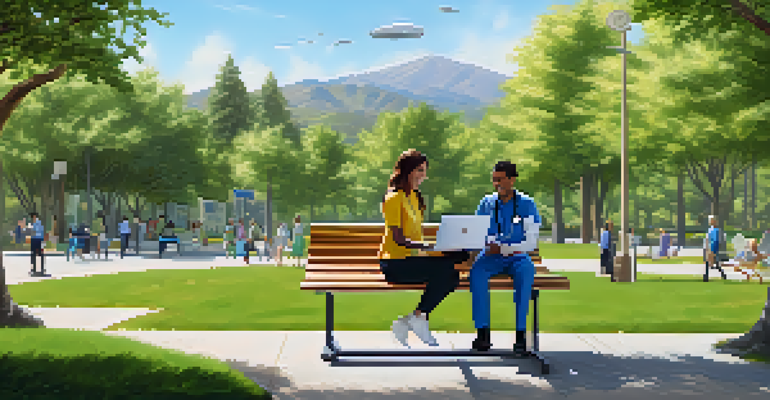A woman having a telemedicine consultation in a California park, using a laptop while enjoying nature around her.