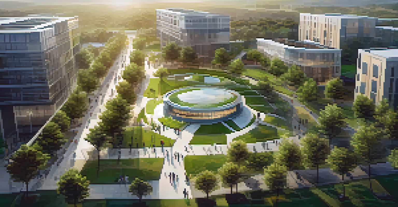 An aerial view of a tech campus integrated with green spaces, showcasing modern architecture and community gardens under soft afternoon light.