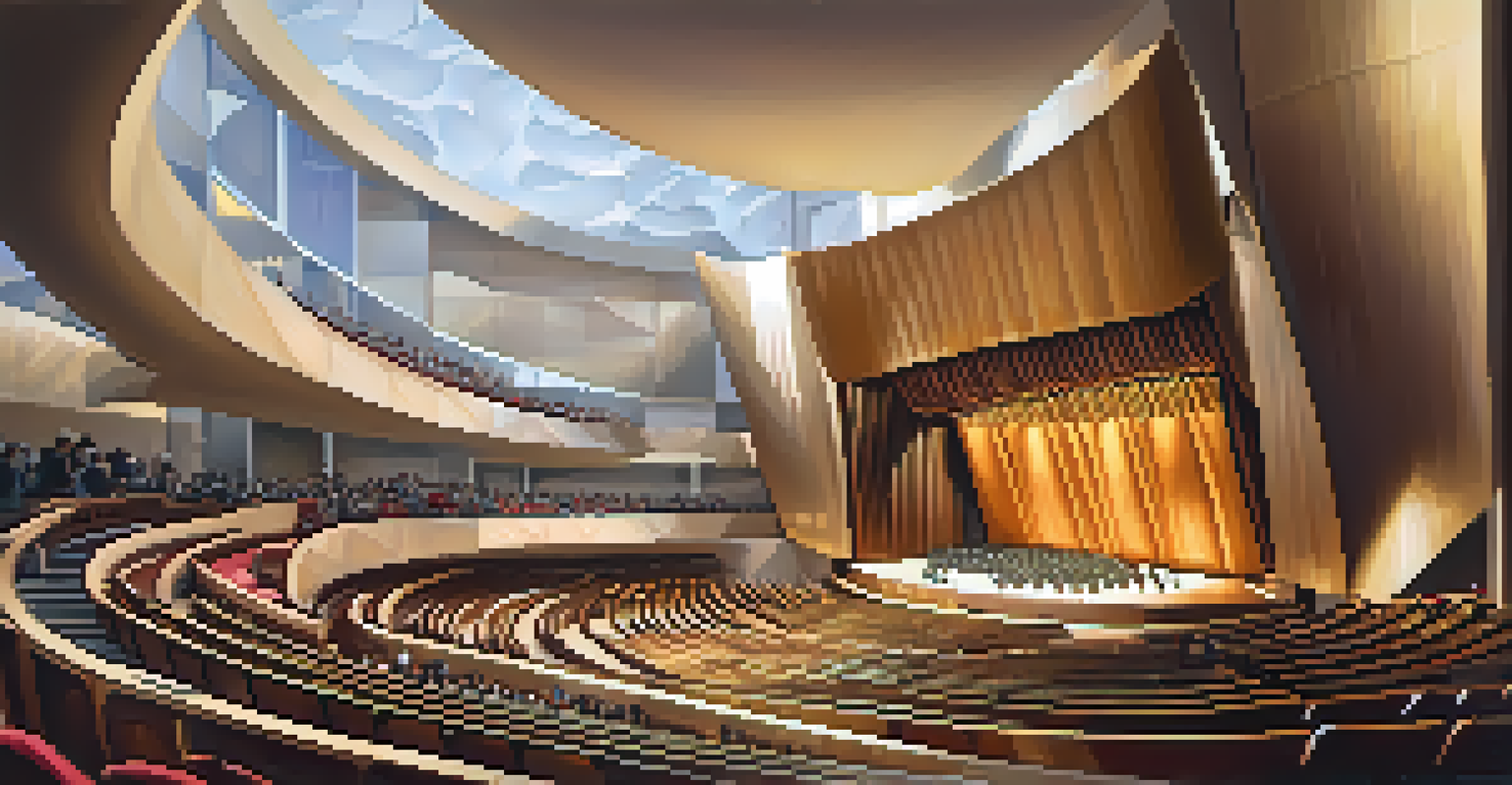 Interior view of the Walt Disney Concert Hall during a performance, showcasing its unique architecture and musicians on stage.