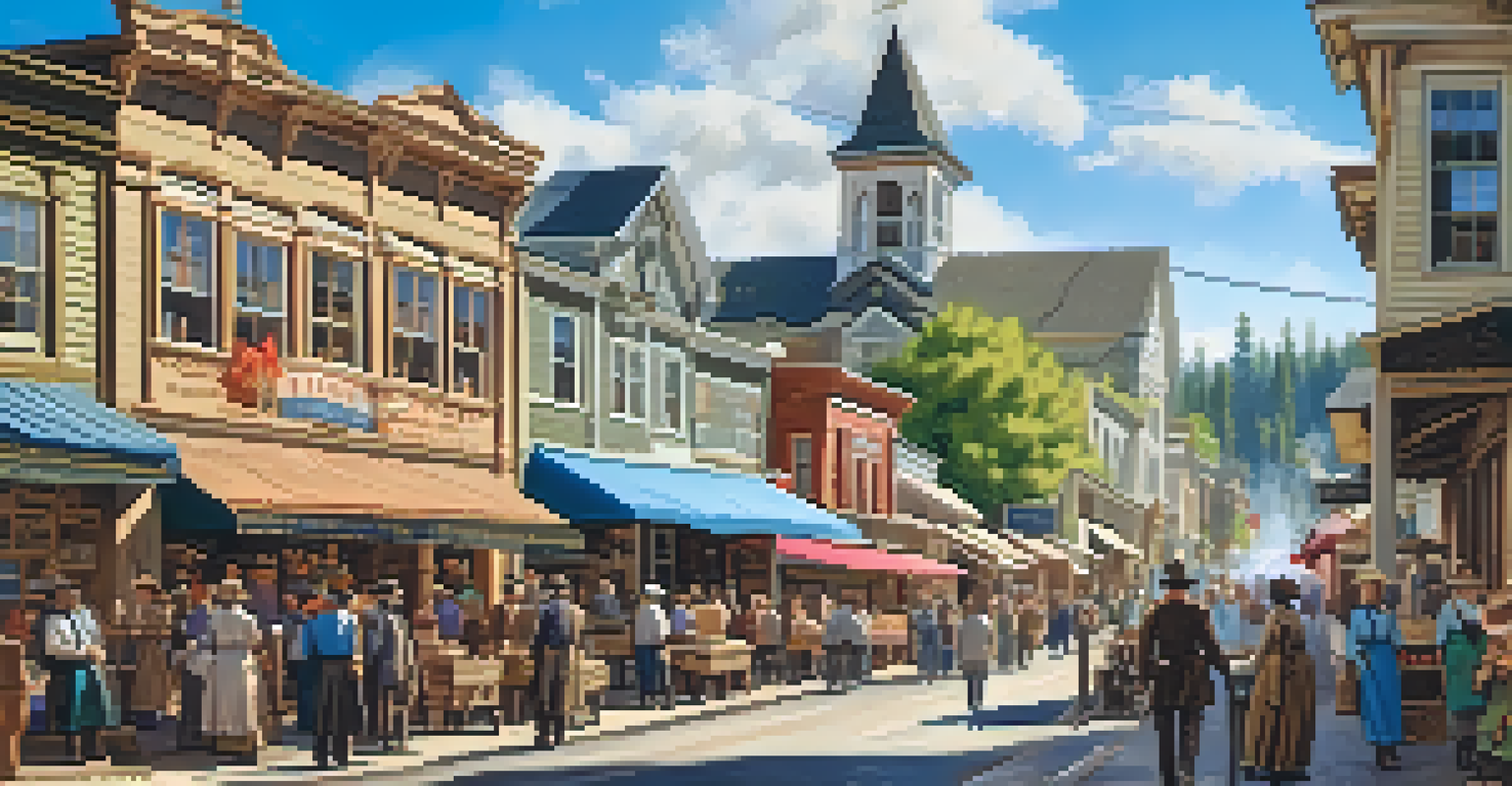 A lively Gold Rush-era town with Victorian buildings and townsfolk in period attire at an outdoor market.