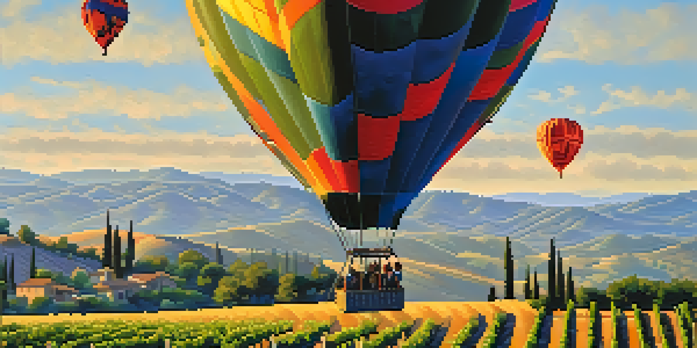 A colorful hot air balloon over Napa Valley, showcasing the landscape of vineyards and olive groves in the morning light.