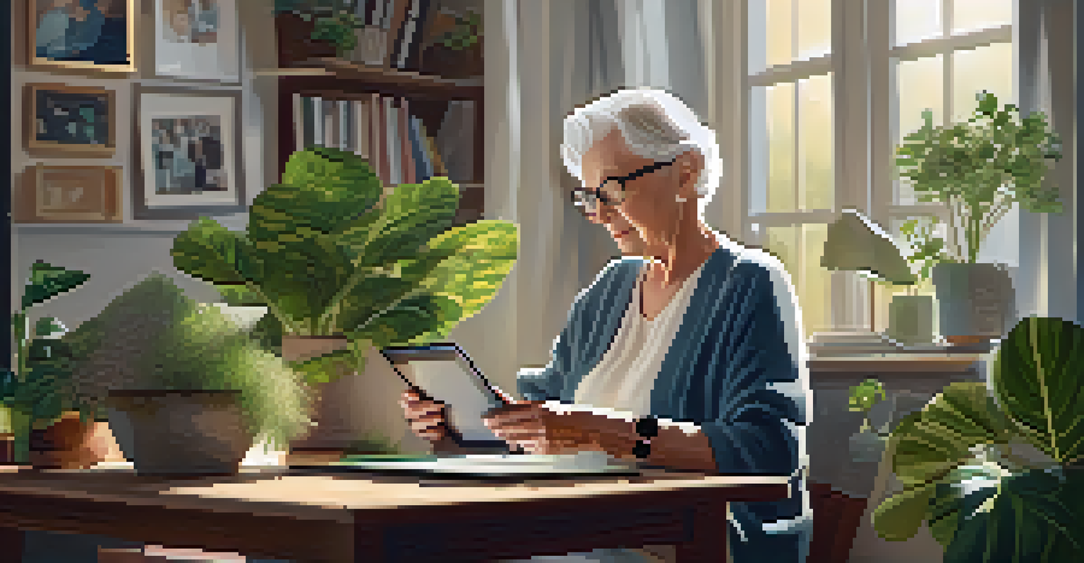 An elderly woman using a tablet in her cozy living room, with sunlight streaming through the window.