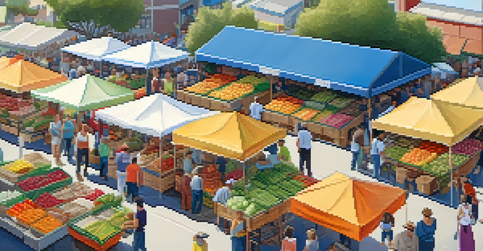 A busy farmers' market scene with colorful stalls of fresh produce and people interacting, highlighting local agriculture.