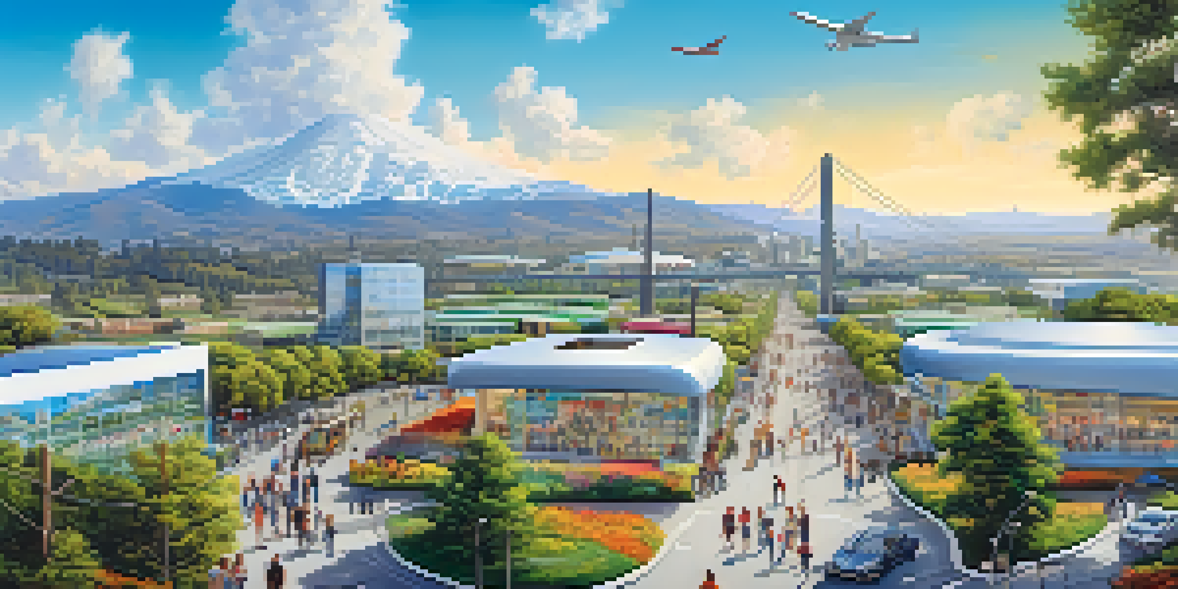 A wide view of Silicon Valley with modern buildings and greenery, showcasing an active street with people and tech logos.