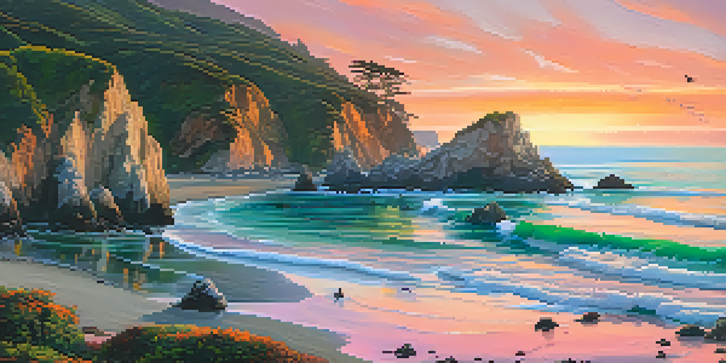 A beautiful sunset over the rugged coastline of Big Sur, with vibrant colors in the sky and sea otters in the foreground.