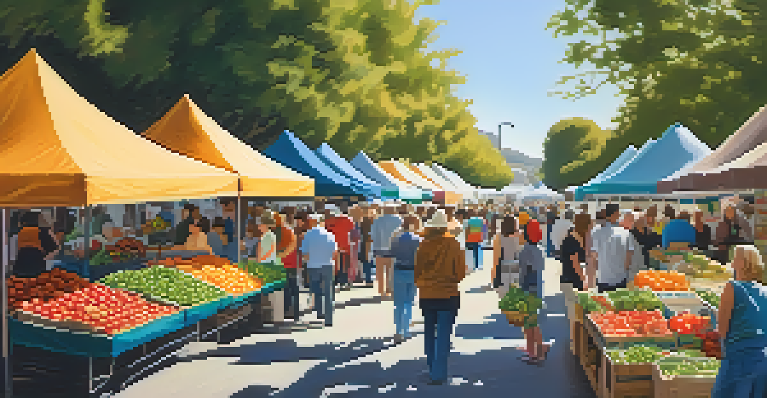 A lively farmers' market in California with colorful stalls of fresh produce and shoppers enjoying the atmosphere under warm sunlight.