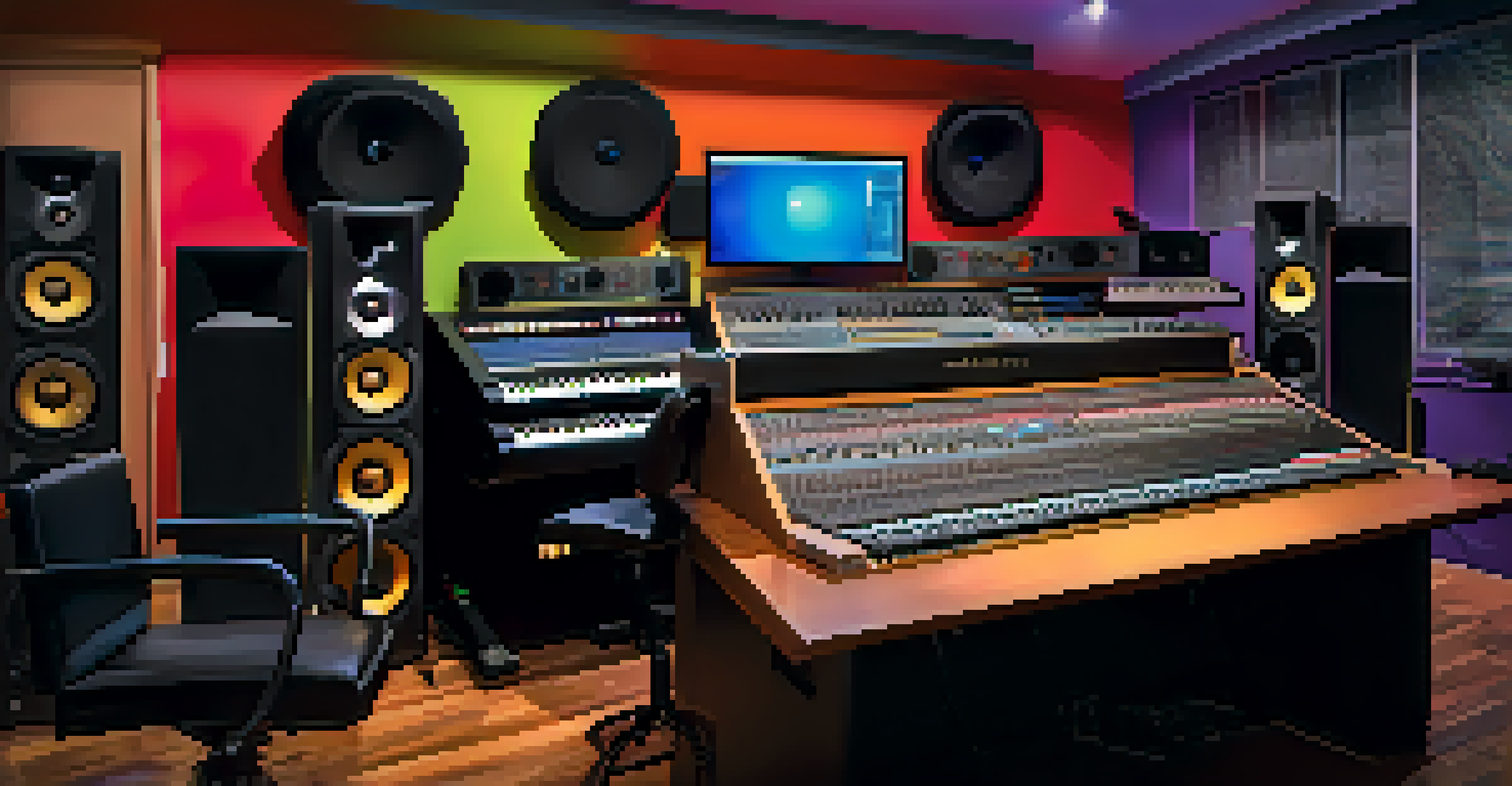 A contemporary music studio in California with musicians of diverse backgrounds collaborating, featuring advanced technology and colorful LED lights.