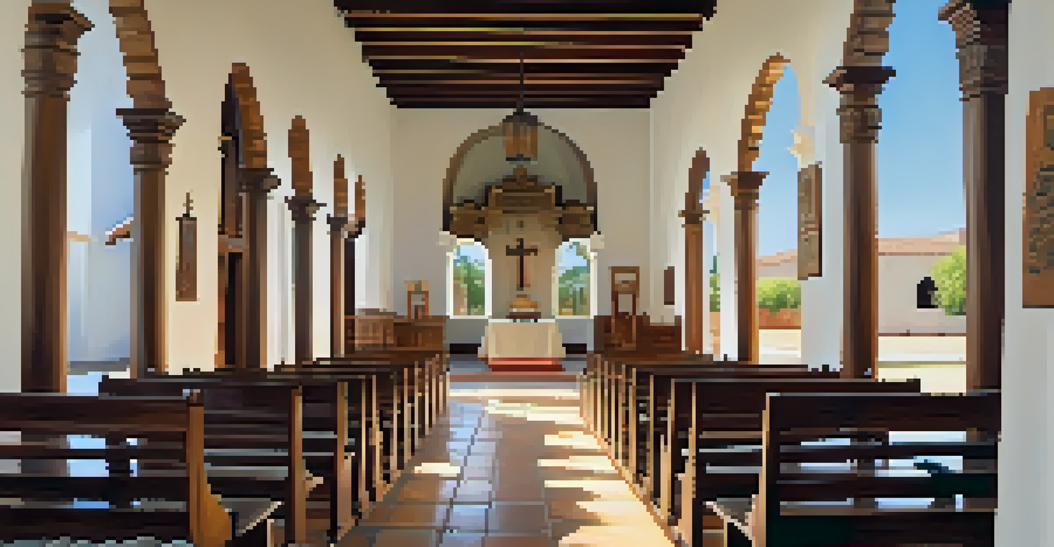 The interior of Mission San Diego de Alcalá featuring wooden beams and a peaceful altar, illuminated by soft sunlight.