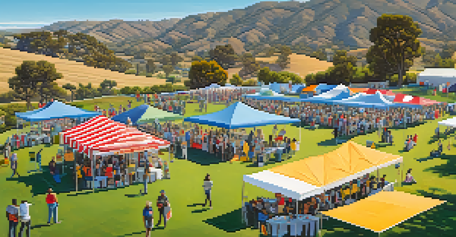 An aerial perspective of a vibrant voter registration event in California with diverse people and volunteers in a sunny outdoor setting.
