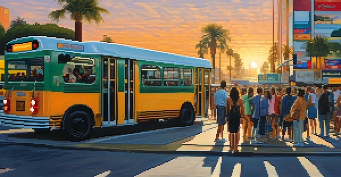A busy bus stop in Los Angeles with diverse commuters, palm trees, and a sunset.