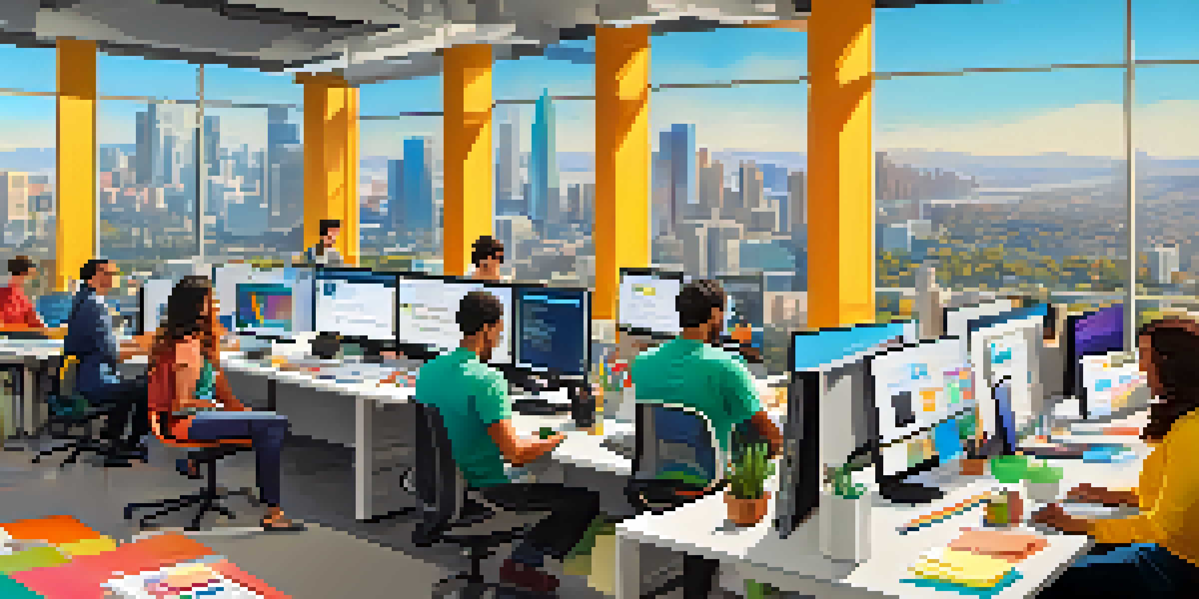 A diverse group of professionals working together in a bright, modern office filled with natural light and a view of the city skyline.