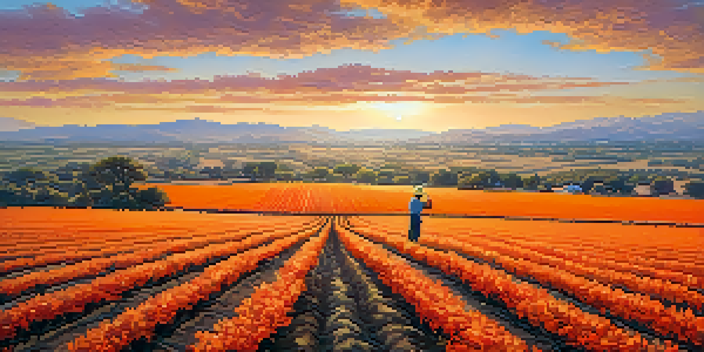A scenic view of California's Central Valley at sunset, featuring orange groves and almond trees, with a farmer inspecting crops in the foreground.