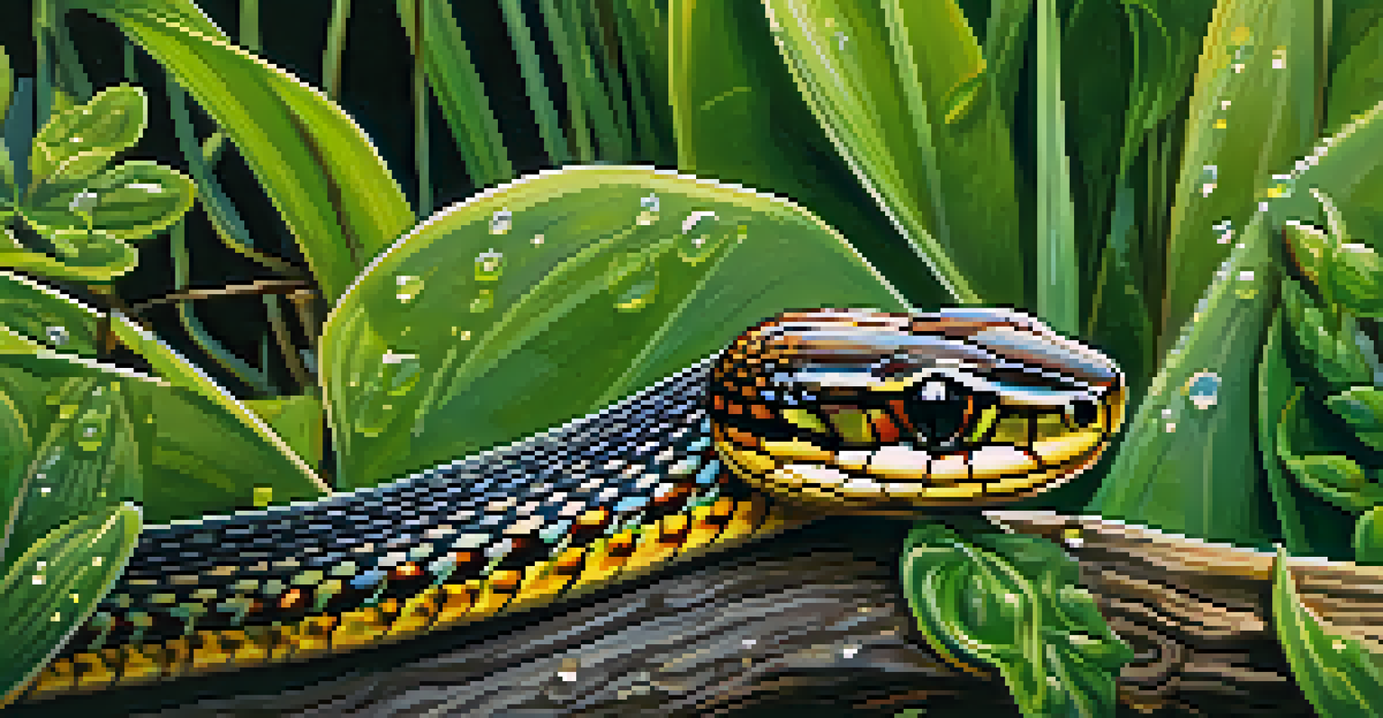 A close-up of a colorful San Francisco garter snake on green plants, with a wetland area in the background.