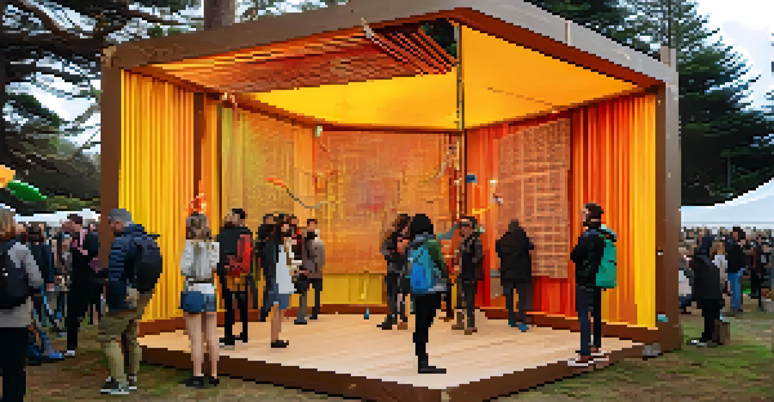 An interactive art installation made of recycled materials at a festival, with people engaging and trees in the background.