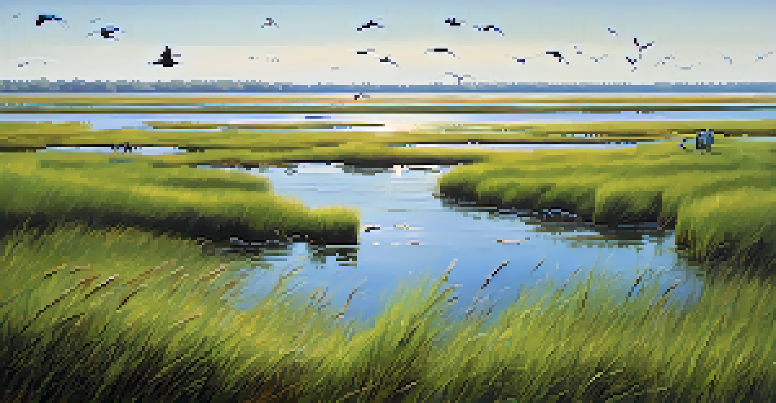 A salt marsh at high tide with lush vegetation and birds, illuminated by bright sunlight.