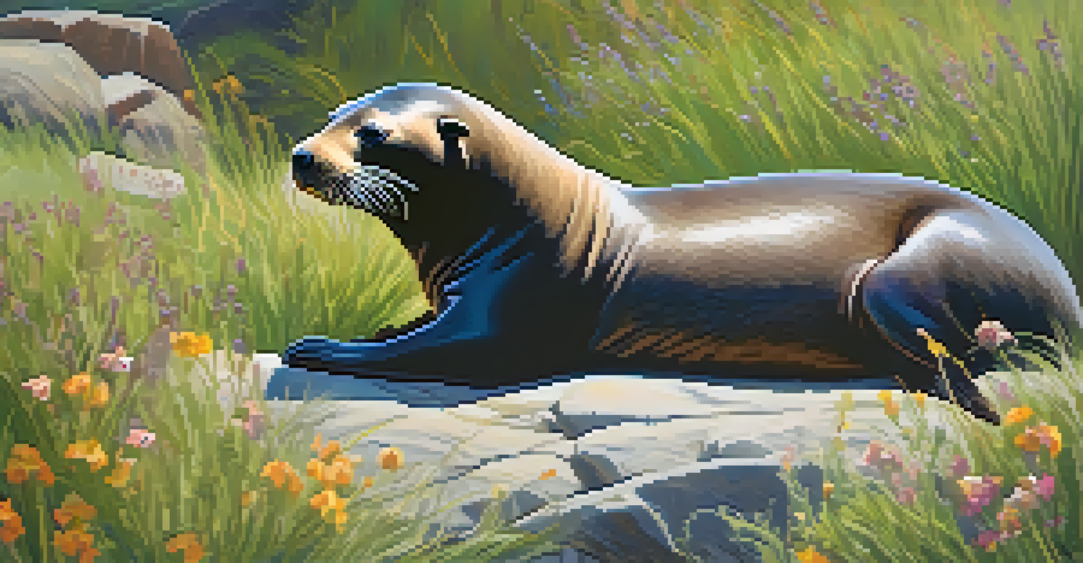 A close-up image of a California sea lion resting on rocks with wildflowers and coastal grass in the background.