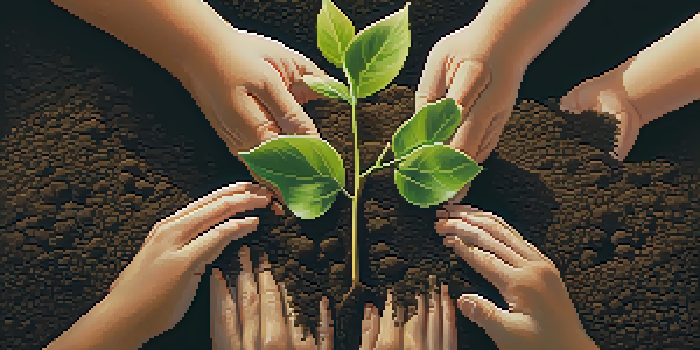 Close-up of hands planting a young tree in dark soil, with sunlight filtering through branches, symbolizing grassroots activism.